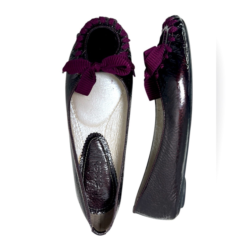 Maloles Zoe Ballet Flat in Plum Patent Sz 38 Made in Spain Ribbon Bow Detail